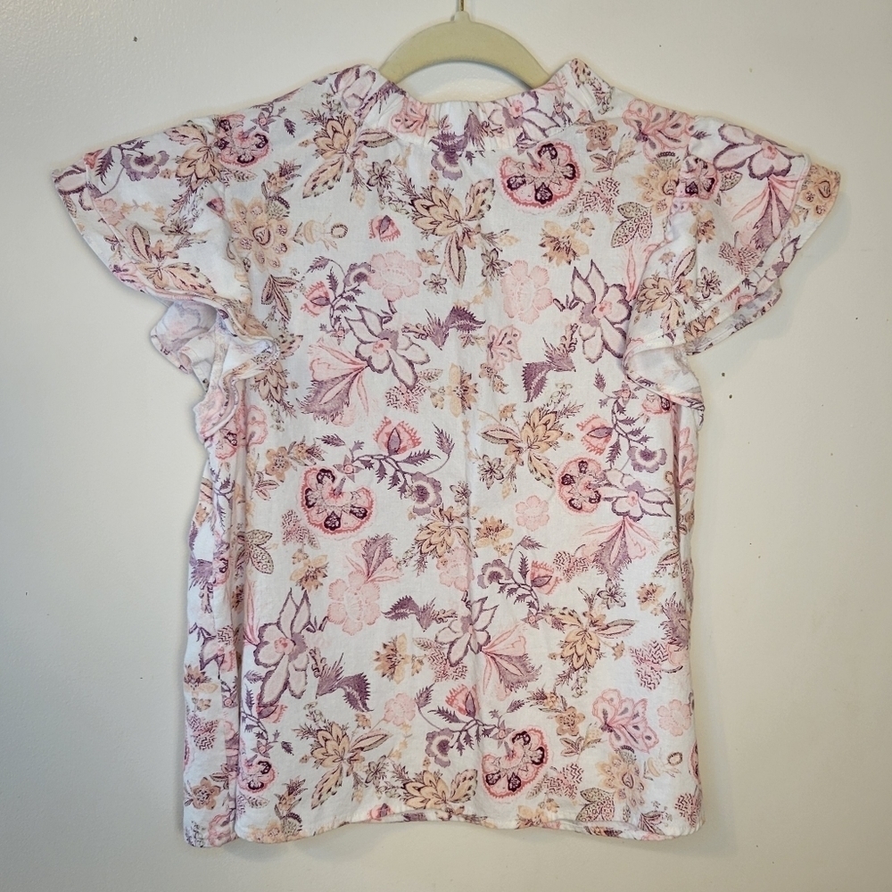 Who What Wear (Women's Small) Floral Ruffle Sleeve Tie Back Linen Blend Top
